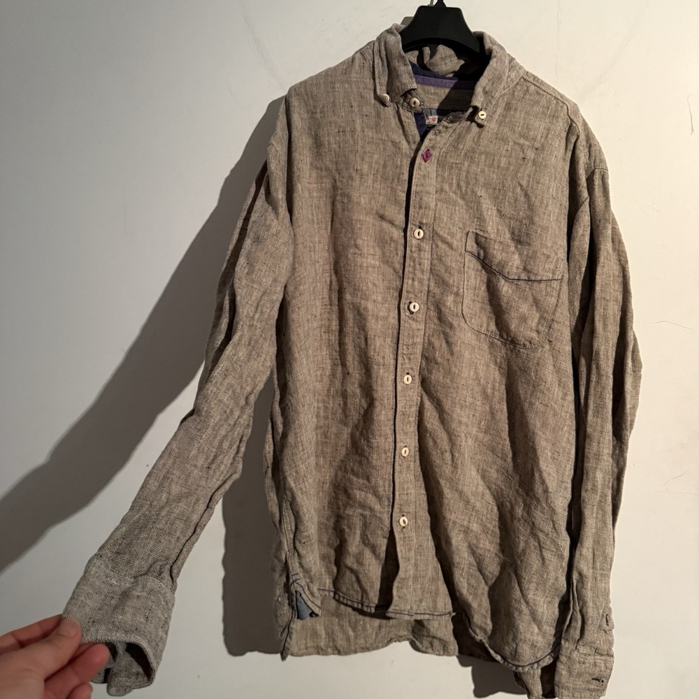 32 Bar Blues Mens XL Brown Linen Long Sleeve Button Up Top Quiet Luxury Academia